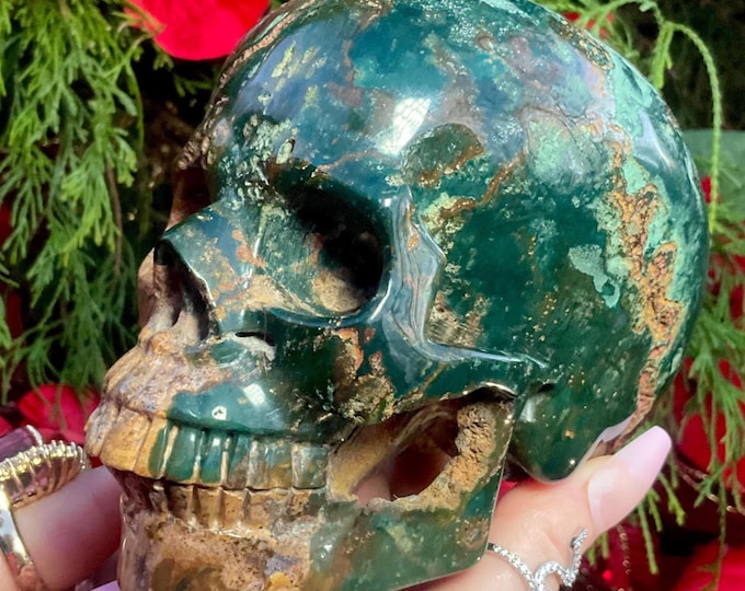 Green & Gold Ocean Jasper Crystal Skull ~ Large 2 Lb. 15 oz. ~ 5" Long ~ Expertly Hand-Carved Sculpture ~ Fast and Free Shipping from USA ~