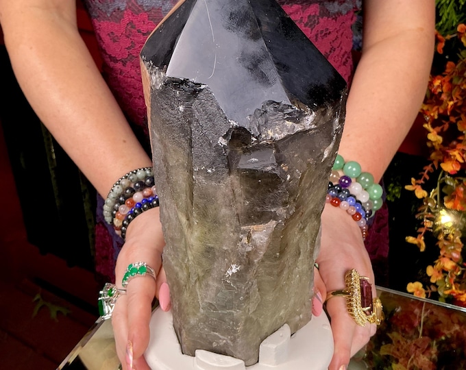Black Morion Quartz Display Crystal 8 Lb. 11 oz.  Single-Terminated Point Cluster ~ 10" Tall ~Natural Black Color ~ Custom Hand Carved Stand