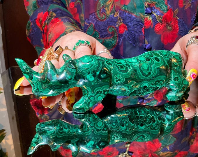 Malachite Crystal Rhinoceros Carving ~ 15 oz. ~ 7" Long ~ Hand Carved & Polished from Africa Congo ~ Altar, Reiki Display