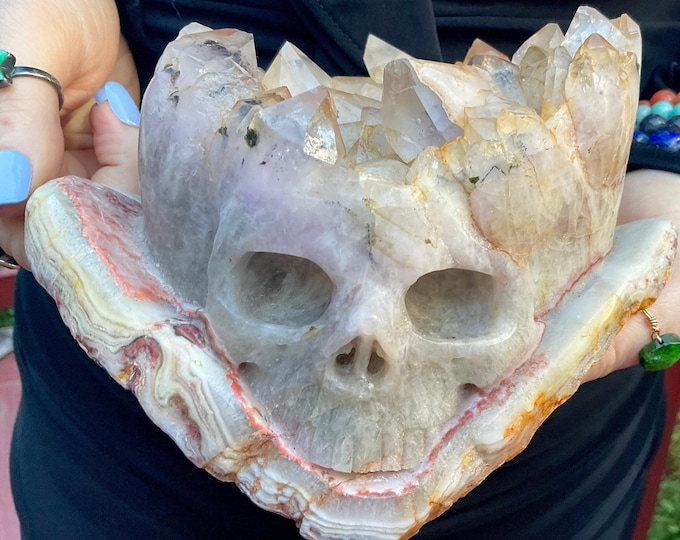 Amethyst Quartz Skull Large 3 Lb. 10 oz. with Crystal Points~ 6" Long~ Hand Carved Life Size ~ Translucent with Purple Inclusions