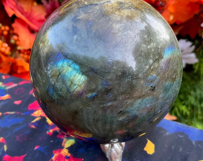 Labradorite Crystal Ball ~ Large 1 Lb. 15 oz. ~ 3" Wide w/ Silver Metal Display Stand ~ Flashing Blue & Gold Iridescent Colors ~