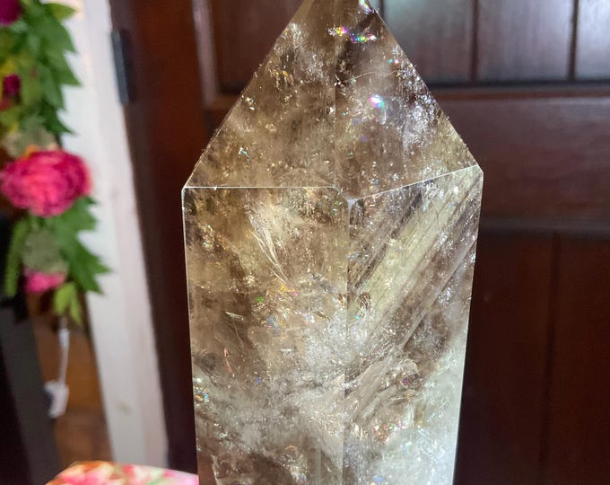 Brazilian Citrine Crystal Generator ~ Large 1 lb. 15 oz. ~ 7" Tall ~ Sparkling Golden Smokey Inclusions ~ Custom Metal Display Stand