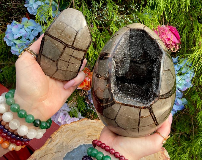 Dragon Septarian Stone Egg Large 8 Lb. 2 oz. Druzzy Crystal ~ 8" Long with Vintage Brass Stand ~ Reiki, Altar, Feng Shui, Meditation