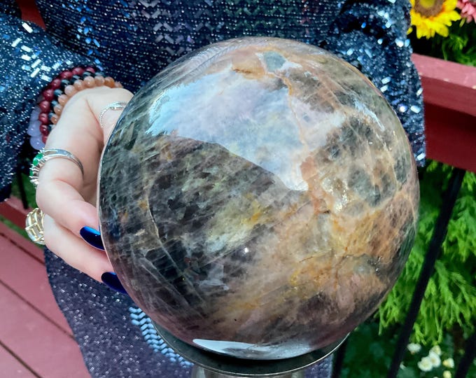 Black Moonstone Crystal Ball: 6 Lb Reiki Altar Display Sphere