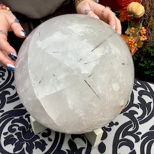 Huge Tourmaline in Quartz Crystal Ball ~ Large 50 Lbs. + Custom Wooden Display Stand ~ 10&quot; Wide ~ Natural Home Decor Centerpiece Display