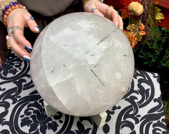 Huge Tourmaline in Quartz Crystal Ball ~ Large 50 Lbs. + Custom Wooden Display Stand ~ 10" Wide ~ Natural Home Decor Centerpiece Display