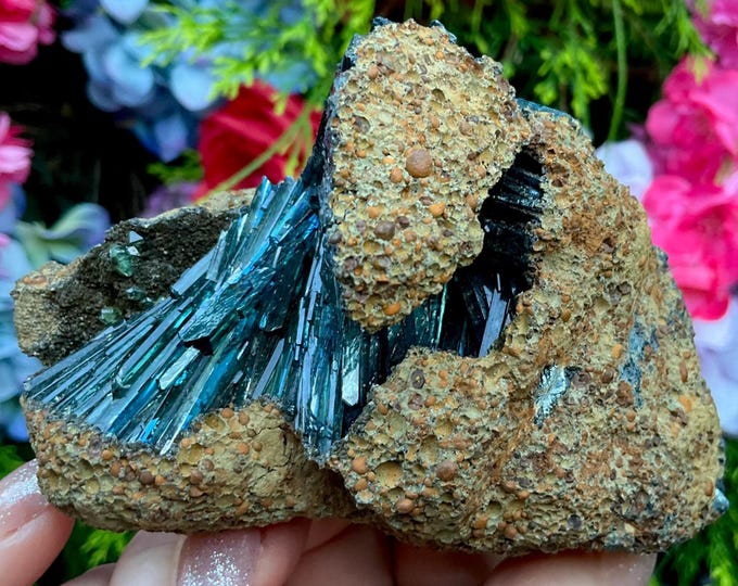 Vivianite Crystal Cluster on Matrix ~ Large 12.9 oz.~ 4" Long ~ Sparkling Deep Bluish Green Crystals ~ Stunning Display ~ Fast Free Shipping