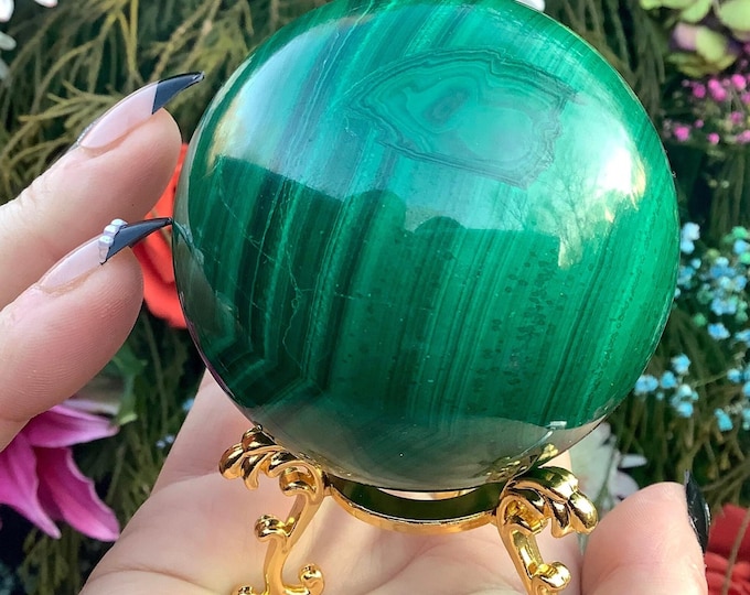 Malachite Crystal Ball ~ Large 1 Lb. 4 oz. ~ 2 1/2" Wide ~ W/ Ornate Stand ~ Stunning Green Patterns, Home Decor ~ Fast & Free Shipping, USA