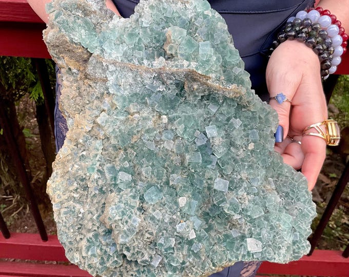 Large Blue Cubic Fluorite Crystal Cluster ~ 8 lb. ~ 12" Long ~ Stunning Metaphysical Home Decor ~ Third Eye Chakra Reiki Healing Altar ~