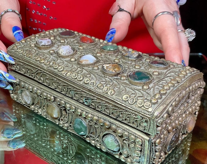 Vintage Agate Inlaid Moroccan Jewelry Box ~ 6" Long ~ Moorish Dome Top w/ Semi Precious Stones with Brass Filigree Handmade in Morocco