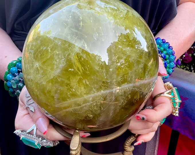 Citrine Crystal Ball w/ Brass Display Stand ~ Large 11 Lb. 14 oz. ~ 6" Wide ~ Natural Golden Color, Smokey Quartz Inclusions ~ Fast Shipping