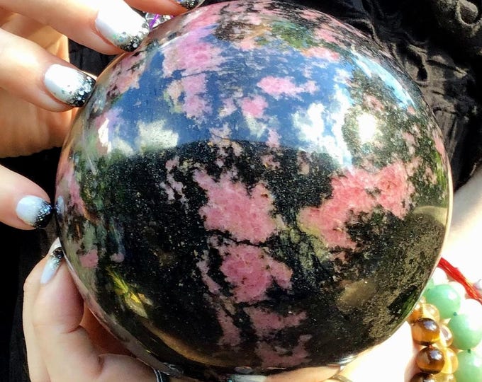 CLEARANCE! ~ Rhodonite Crystal Ball ~ Large 5 Lb. 15 oz. ~ 5" Wide ~ Pink, Black & Gold Polished Sphere ~ Reiki, Altar Display ~