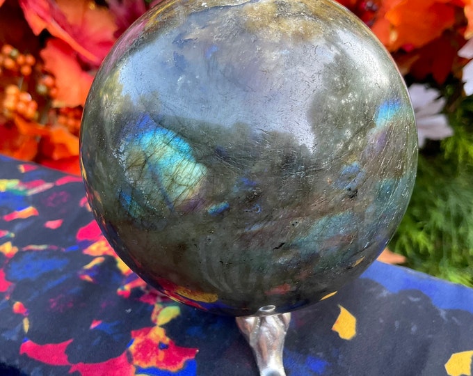 Labradorite Crystal Ball ~ Large 1 Lb. 15 oz. ~ 3" Wide w/ Silver Metal Display Stand ~ Flashing Blue & Gold Iridescent Colors