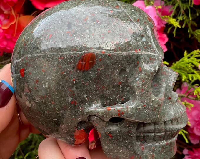 African Bloodstone Crystal Skull ~ 3 Lb. ~ 6" Long ~ Red and Green Colors Stone ~ Hand-Crafted Display Sculpture ~ Fast & Free Shipping, USA