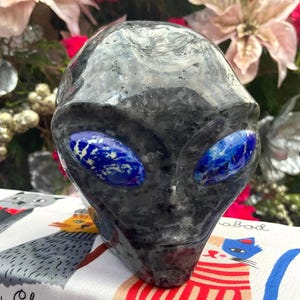 May include: A carved alien head sculpture with a dark gray, speckled finish. The eyes are inlaid with blue stone, featuring white and yellow flecks. The sculpture is displayed on a patterned fabric with a cat design.