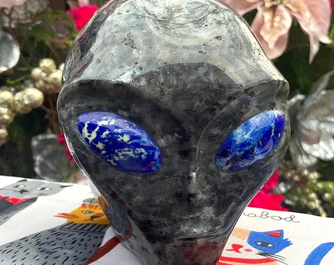 Larkvite Crystal Alien Skull ~ Large 2 Lb. 12 oz. ~ 4" Long ~ with Blue Lapis Lazuli Eyes ~ One-of-a-Kind Expertly Hand Carved Sculpture ~