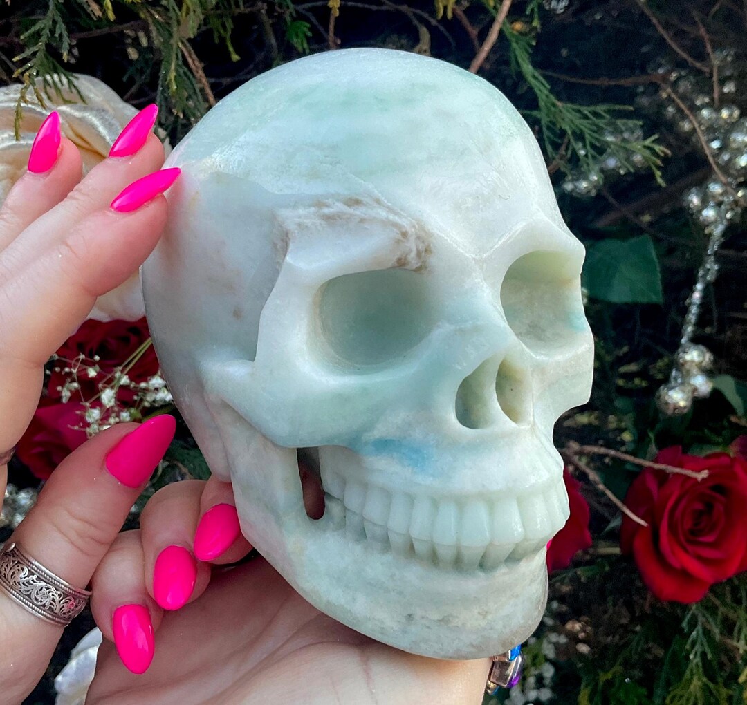 アマゾナイト　スカル アマゾナイトクリスタルスカル：手彫りの宝石彫刻（3ポンド8オンス、長