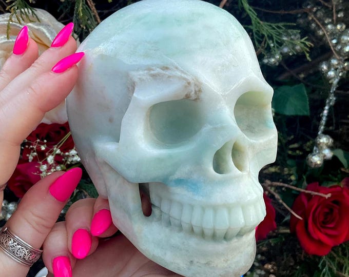 Amazonite Crystal Skull ~ 3 Lb. 8 oz ~ 5" Long ~ One-of-a-Kind Green, White & Blue Colors ~ Throat Chakra Healing, Altar Display, Home Decor
