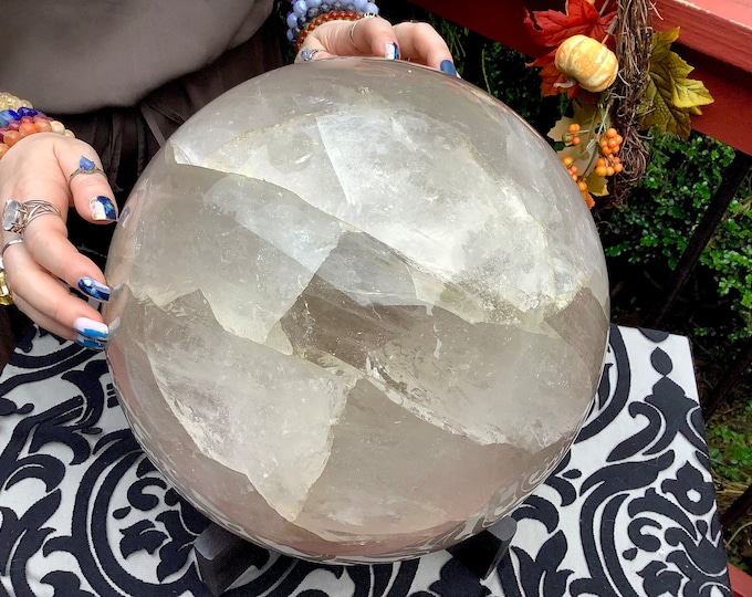 Smokey Quartz Crystal Ball ~  Large 75 lb. ~ 11" Wide ~ Massive Polished Sphere with Custom-Made Wooden Display Stand ~ Fast & Free Shipping