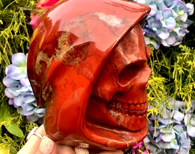 Red Jasper Crystal “Grim Reaper" Skull ~ Large 5 Lb. 8 oz. ~ 6" Tall ~ High Luster Red White & Gold Colors ~ One-of-a-Kind ~ Free Shipping ~