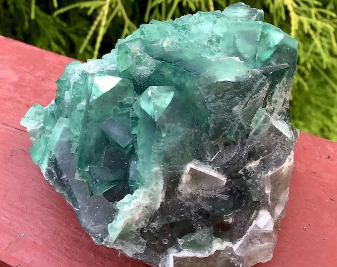 CLEARANCE ~ Green Fluorite Crystal Cluster ~ Large 14.9 oz. ~ 3" Long ~ White Feldspar inclusions ~ Cubic Formation