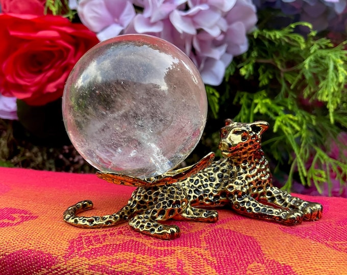 Clear Quartz Crystal Ball ~ 6 oz. Sphere ~ 2" Wide Sparkling Rainbow Inclusions ~ Beautiful Crystal Ball with Golden Leopard Display Stand ~