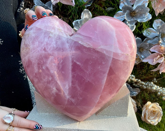 Rose Quartz Crystal Heart ~ Large 24 Lb. ~ 10" Wide Free Standing Custom Display Stand ~ Love Stone ~ Reiki ~ Translucent Pink Colors
