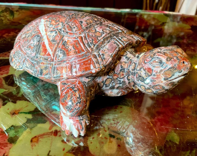 Vintage Orbicular Ocean Jasper Turtle 1 Lb. 3 oz. Carving ~ 6" Long ~ Hand Carved Art Sculpture ~ Stunning Museum Quality