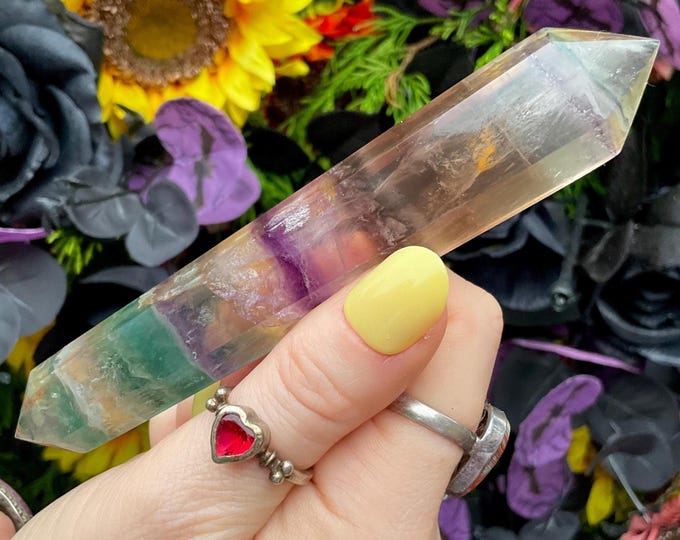 Rainbow Fluorite Double Terminated Wand ~ Large 3.2 oz. ~ 5" Long ~ Clear, Green, Purple ~ Fast & Free Shipping, USA + Global Shipping