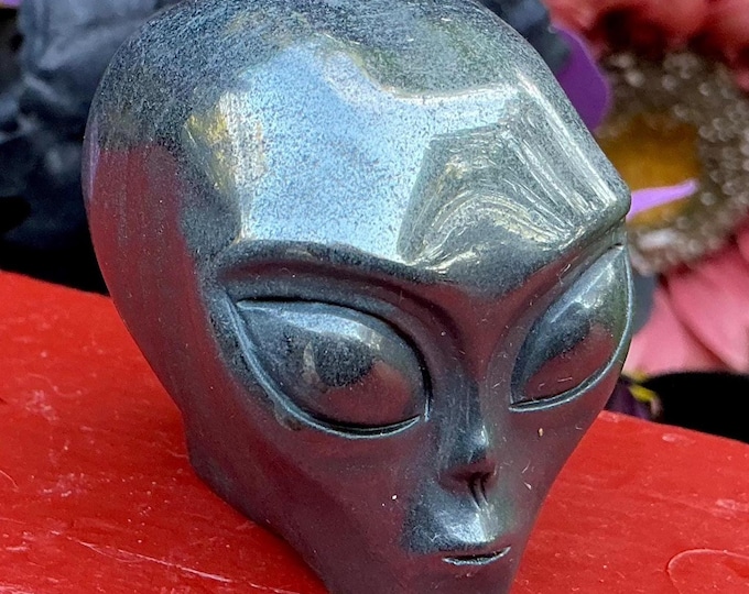 CLEARANCE ~ Hematite Alien Skull Crystal 10 oz. Mini Skull ~ 2" Long ~ Black Metallic Luster Gemstone ~ Hand-Carved Sculpture ~
