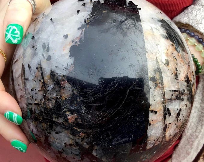 Black Tourmaline Quartz Crystal Ball ~ Large 11 lb. 10 oz. ~ 6" Wide ~ Grounding, Protection Altar Display ~ Reiki, Metaphysical Home Decor