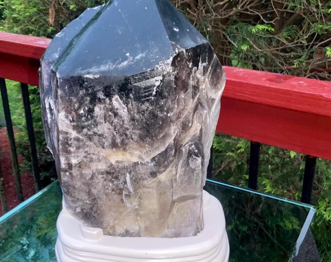 Black Morion Quartz Display Crystal 10 Lb. 11 oz.  Single-Terminated Point Cluster ~ 8" Tall ~Natural Black Color ~ Custom Hand Carved Stand