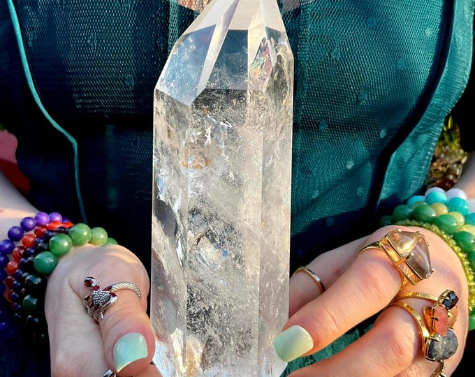 Ultra Clear Quartz BRAZILIAN Crystal Generator ~ Large 1 lb. 6 oz. ~ 6" Tall Tower ~ Sparkling Rainbow Colors Silver Inclusions