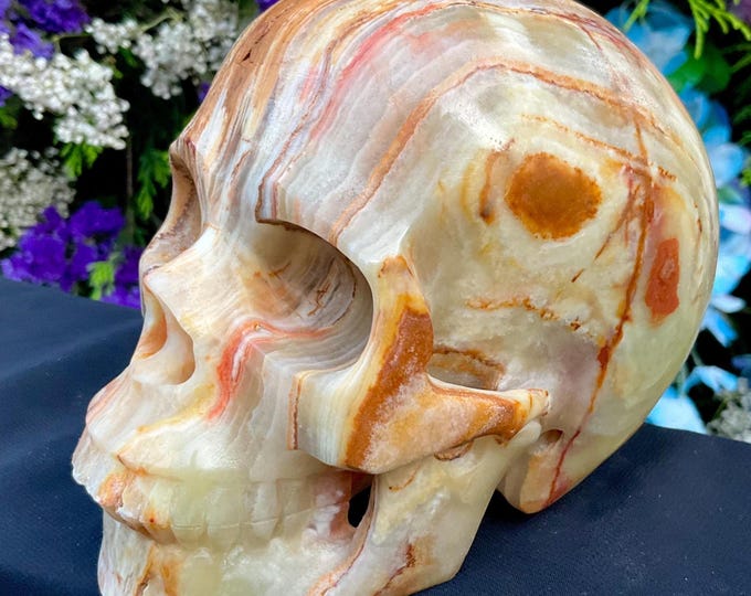 Afghan Jade Crystal Skull ~ Large 2 Lb. 13 oz. ~ 5" Long ~ One-of-a-Kind ~ Swirling Green Gold and Beige Colors~ Hand Carved Sculpture