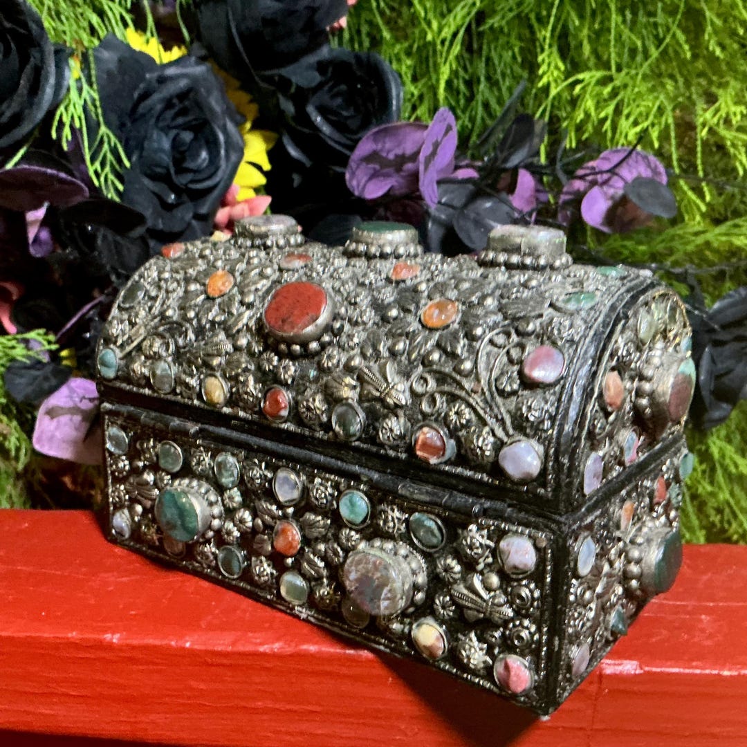 アンティーク イタリア製 800 シルバー メイクボックス ハンドメイド 天然石 Vintage Agate Inlaid Moroccan Jewelry Box ~ Moorish Dome Top W