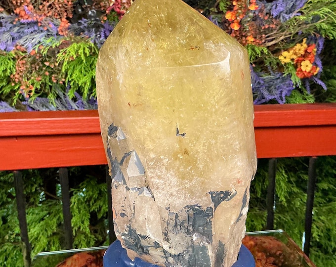 Clear Citrine Quartz Crystal Point ~ 10 Lb. 11 oz. ~ 10" Tall~ Sparkling Yellow with Golden Rainbow Inclusions ~ Custom Hand Carved Stand