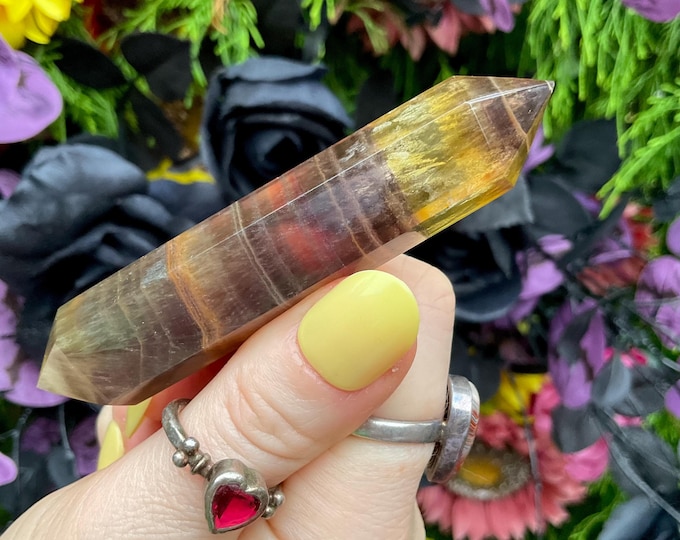 Rainbow Fluorite Double Terminated Wand ~ Large 1.6 oz. ~ 3 1/2" Long ~ Yellow, Gold, Purple ~ Fast & Free Shipping, USA + Global Shipping