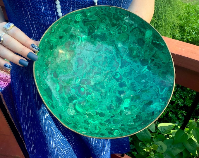 Malachite Crystal Bowl ~ Large 4 Lb. 4 oz. ~ 10" Round ~ Brass Trim ~ Vintage Hand Made & Carved ~ From Congo ~ Fast, Free Shipping from USA