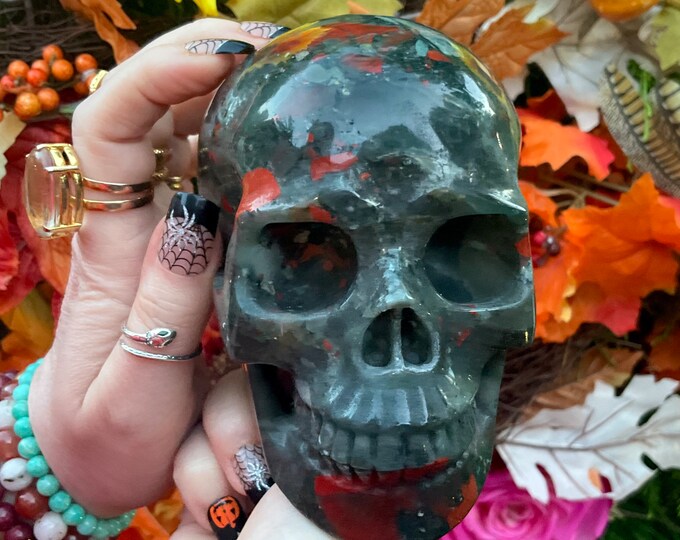 Bloodstone Crystal Skull ~ 2 Lb. 14 oz.  ~ 5" Long ~ Red and Green Polished Stone ~ Hand-Crafted Display Sculpture ~ Fast & Free Shipping