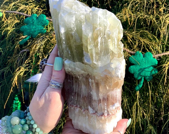 Green Calcite Crystal Cluster ~ Large 7 Lb. ~ 8" Tall ~ Rainbow Green White & Honey Colors ~ Reiki, Feng Shui, Altar Display ~ Free shipping