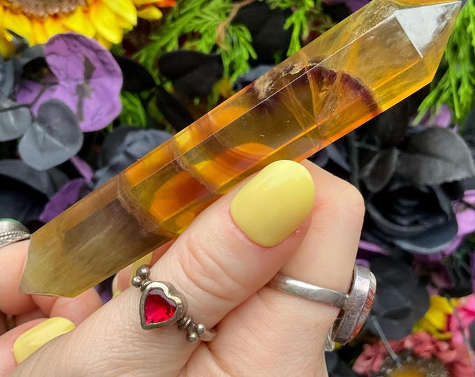 Rainbow Fluorite Double Terminated Wand ~ Large 2.4 oz. ~ 4" Long ~ Yellow, Gold, Purple ~ Fast & Free Shipping, USA + Global Shipping