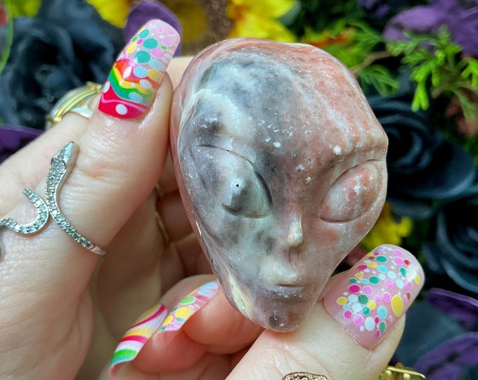 Jasper Alien Mini Crystal Skull ~ Large 5 oz. ~ 2" Tall ~ Peach, Black and White Patterns ~ One-of-a-Kind Sculpture ~ Fast & Free Shipping