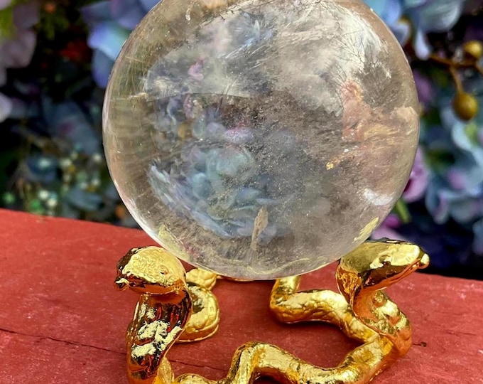 Ultra Clear Quartz Crystal Ball w/ Gold Cobra Snake Display Stand ~ 5 oz. ~ 2" Wide ~ Reiki, Altar, Feng Shui, Metaphysical Home Decor