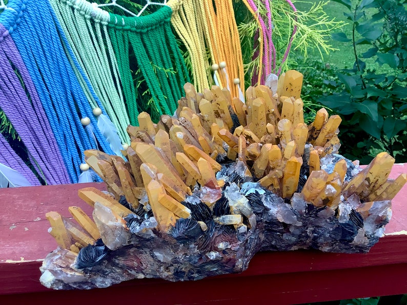 Limonit & svart barytkvartskristallkluster ~ Stor 4,7 kg ~ 23 cm lång ~ Orange punkter ~ Sakral chakra Reiki altaredisplay ~ Fantastisk bild 4