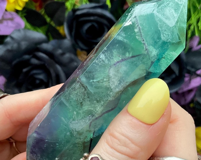 Rainbow Fluorite Double Terminated Wand ~ Large 4 oz. ~ 4" Long ~ Clear, Green, Purple