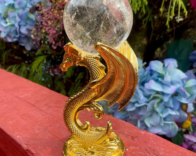 Ultra Clear Quartz Crystal Ball ~ 5 oz. Sphere ~ 1 3/4 " Wide ~ Golden Dragon Display Stand Reiki, Altar, Feng Shui ~ Fast & Free Shipping