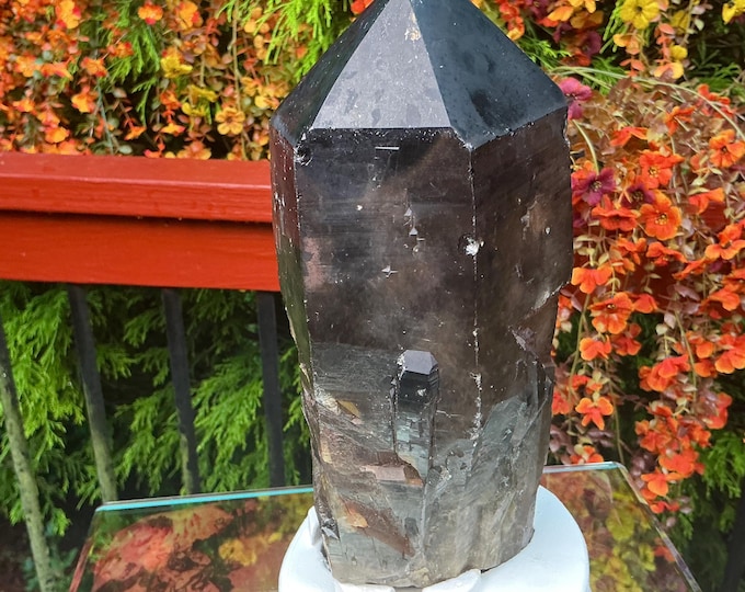 Black Morion Quartz Display Crystal 8 Lb. 11 oz.  Single-Terminated Point Cluster ~ 10" Tall ~Natural Black Color ~ Custom Hand Carved Stand