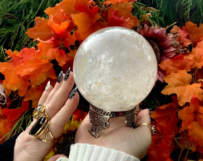 Quartz Crystal Ball with Ornate Brass Stand ~ 2 Lb. 14 oz. ~ 4" Wide ~ Clear Polished Sphere ~ Reiki, Altar, Meditation ~ Free Shipping