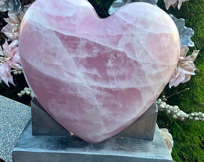 Rose Quartz Crystal Heart ~ Large 23 lb. ~ 11" Wide ~ Custom Handmade Wooden Display Stand ~ Heart Chakra Reiki Healing Altar ~ Home Decor ~
