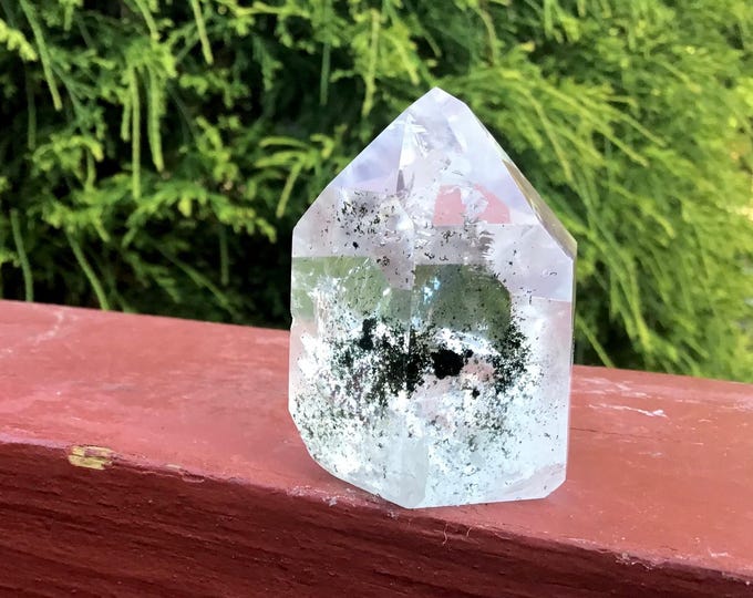 Clear Quartz Crystal Generator: Polished Gem Cut with Chlorite Inclusions